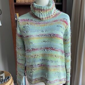 Anthropologie Mint Multi-Color Striped Turtleneck Sweater